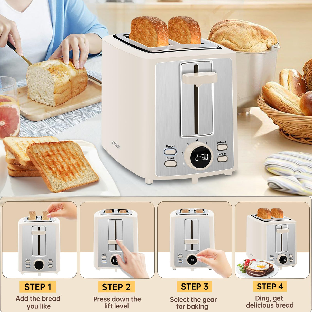 SEEDEEM Toaster 2 Slice, Bread Toaster with LCD Display, 7 Shade Settings, 1.4'' Extra Wide Slots Toaster with Cancel, Bagel, Defrost, Reheat Functions, Removable Crumb Tray, 900W, Cream White SEEDEEM