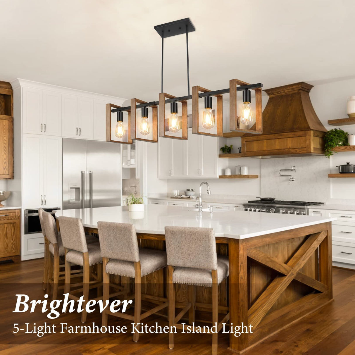 53’’ Farmhouse Kitchen Island Lighting, 5-Light Adjustable Dining Room Light Fixtures, Rustic Wood Chandeliers Black Hanging Light Fixtures for Kitchen, Pool Table Lights, Bulbs Not Included Brightever