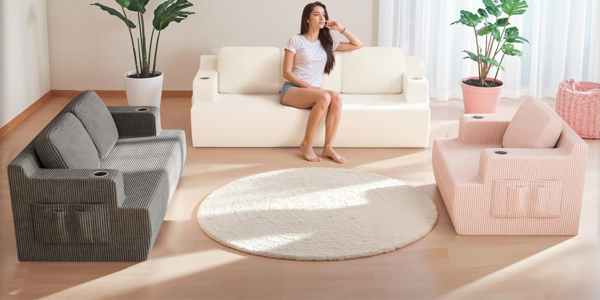 Homall 87” Boneless Sofa Couch with 2 Pillows Extra Deep Seats, Corduroy Fabric 3 Seater with Cup Holder & Storage Pocket Upholstered Floor Easy Installation (White, 3 Seater) Homall