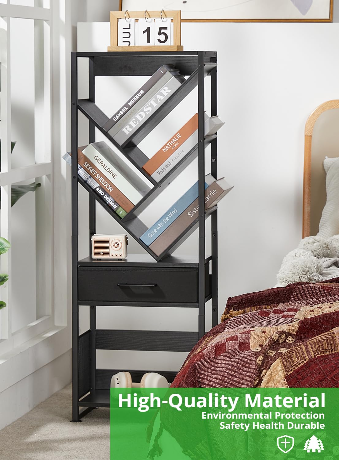 ZEXVIDA Bookshelf with Drawer,8 Tier Tree Bookcase Retro Floor Standing Bookshelves,Tall Wood Bookcases with Cabinet Storage Organizer for Living Room, Bedroom & Home Office, Black ZEXVIDA