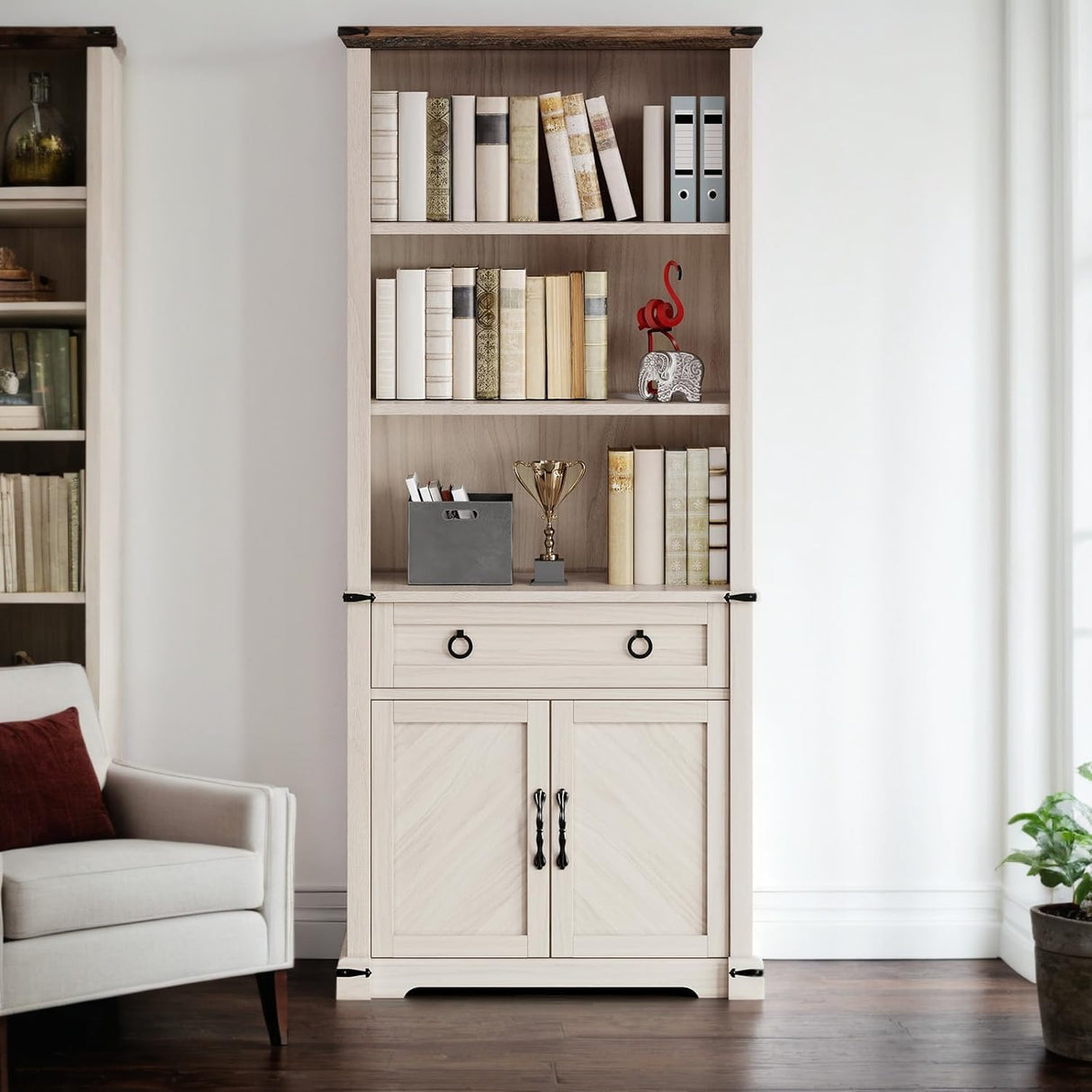 DWVO Bookcase with Doors & Drawers, Tall Bookshelf with Storage Shelves, Standing Display Shelf Organizer Rack for Home Office, Living Room, White+Walnut Grain DWVO