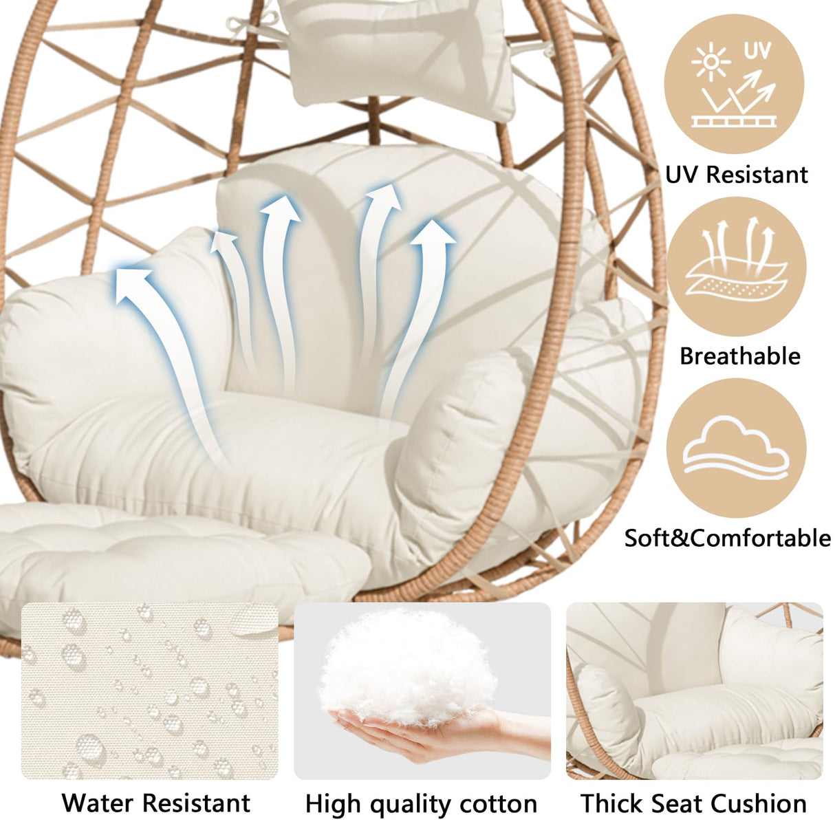 Indoor Outdoor Hanging Egg Chair with Stand & Leg Rest – Heavy-Duty Steel Frame, Handwoven Rattan Swing Chair for Patio, Garden, Bedroom – 350 lbs Capacity, Ergonomic Design (White) Nevsokio