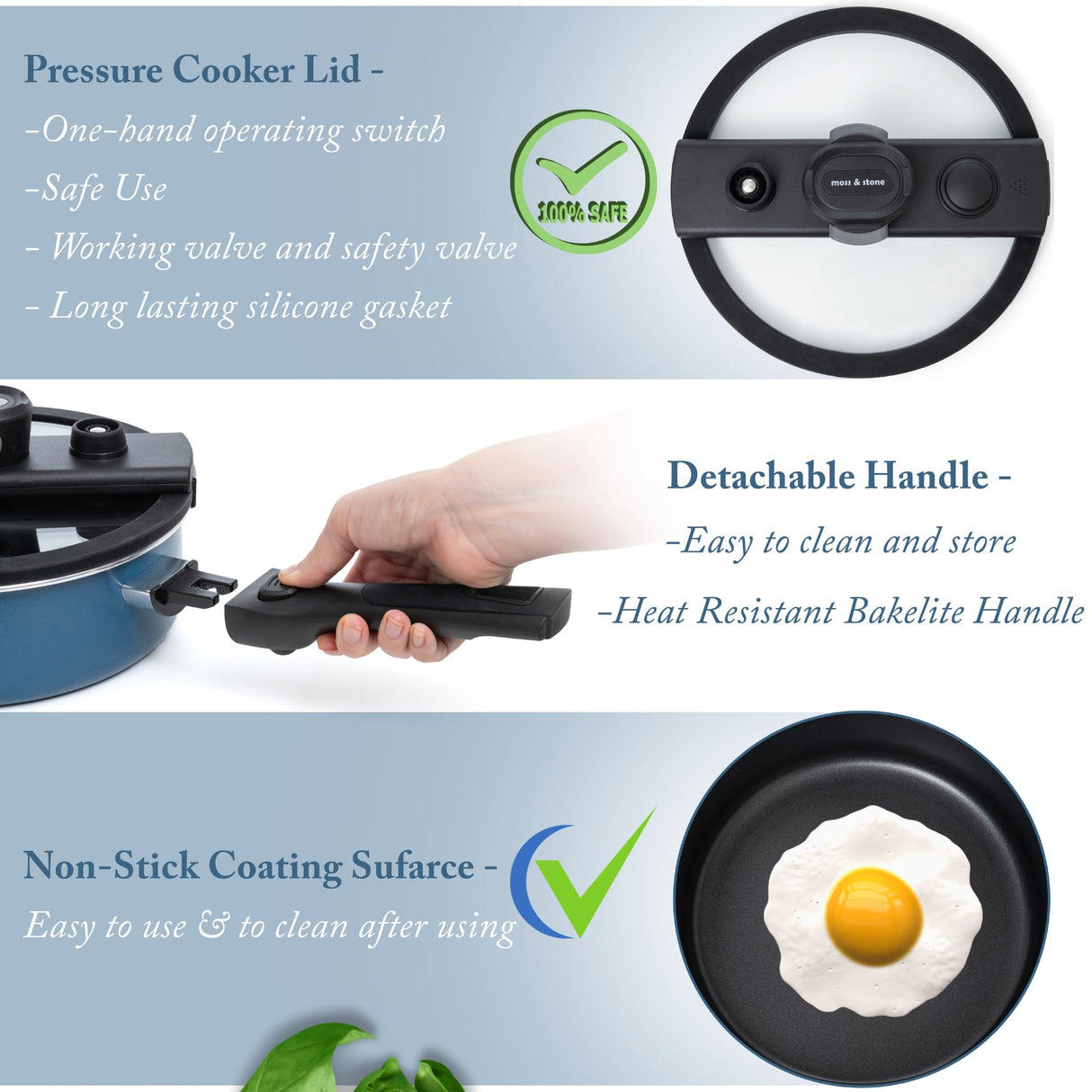 Moss & Stone 2.3 Quart Micro Pressure Cookware with Detachable Handle And One-Hand Operating Glass Lid, Pressure Canner Stovetop & Induction Cookware, Micro-Pressure Cooking Pot Nonstick Moss & Stone