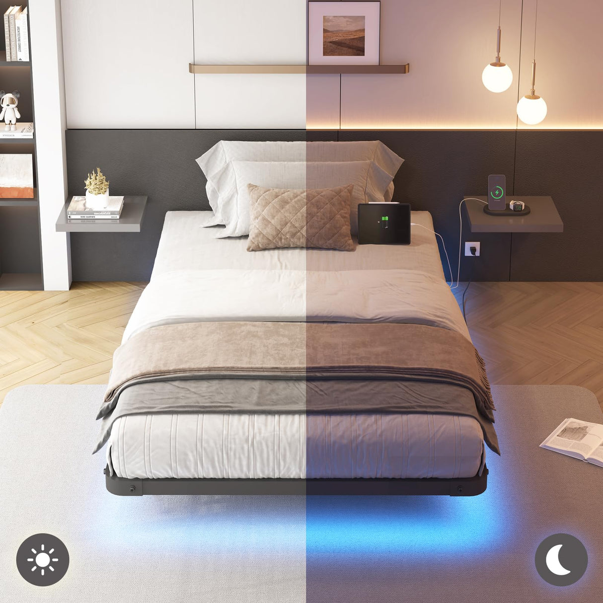 YGEOMER Twin Size Floating Bed Frame with Charging Station, Modern Metal Platform Bed Frames with LED Light, Easy Assembly, Black YGEOMER