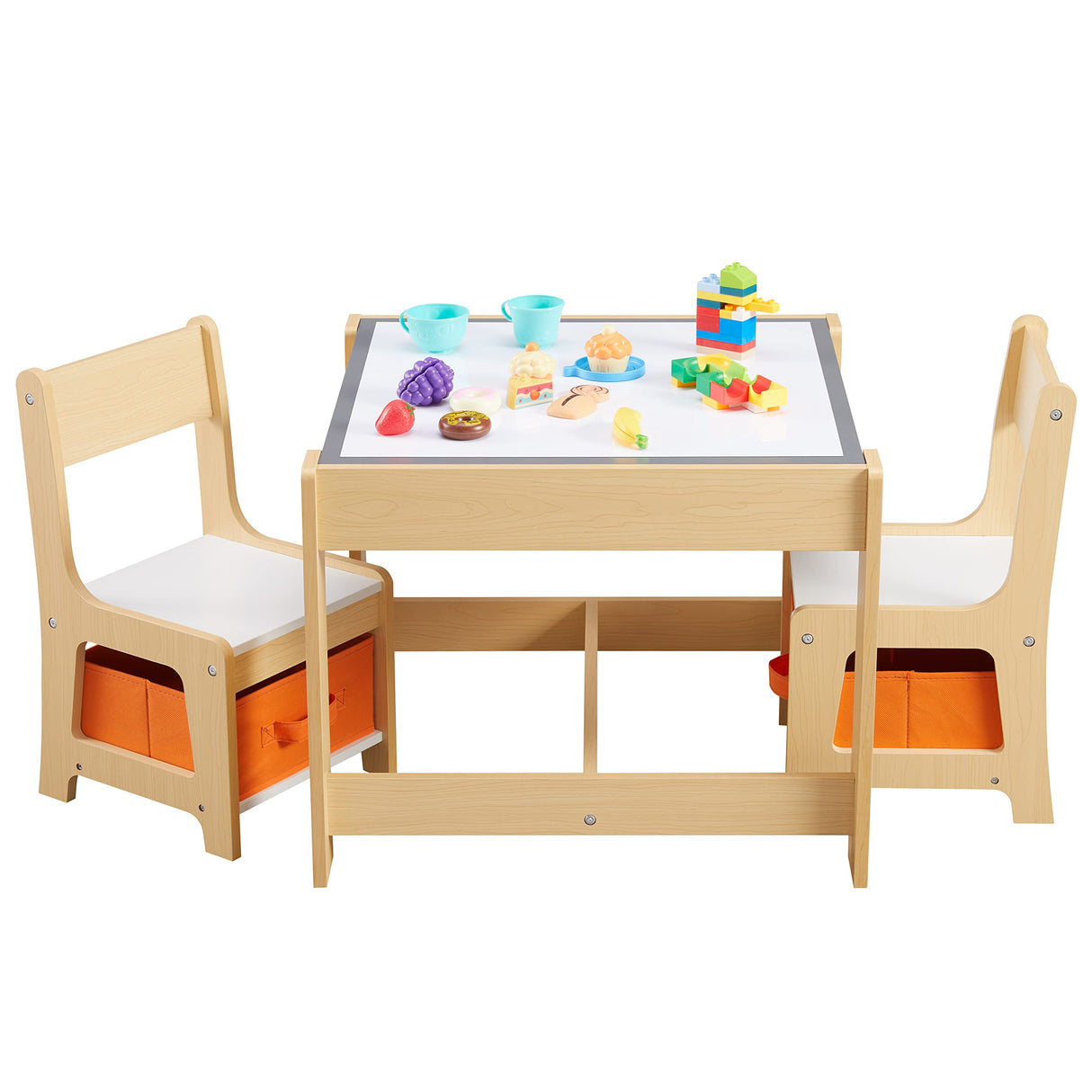 Kids Table and Chair Set, 3 in 1 Wooden Activity Table with Storage Drawer for Toddlers Drawing, Reading, Crafts, Play, 2 in 1 Detachable Tabletop GTOLV