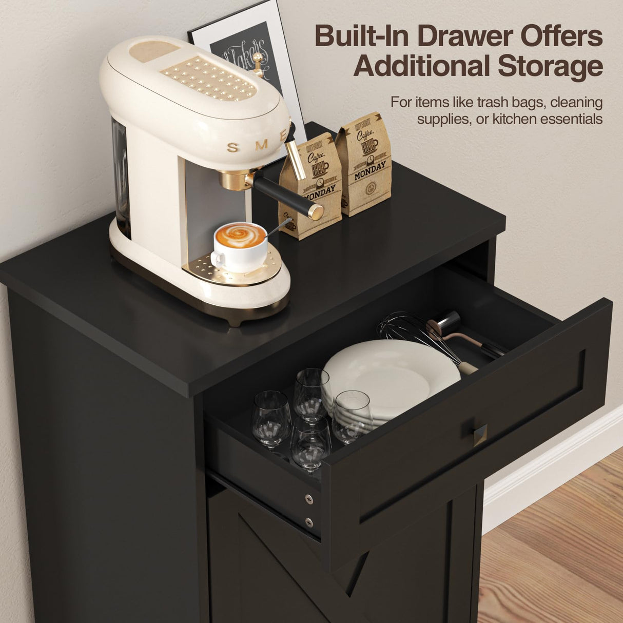 Tilt Out Trash Cabinet, Farmhouse Trash Can Cabinet w/Negative ion, Dog Proof 10 Gallon Garbage Can Cabinet for Kitchen, Bathroom, Living Room, Black Halitaa