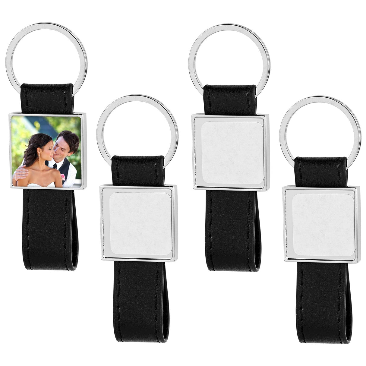 Framendino, 4 Pack Leather Sublimation Blanks Keychain with Metal Square Rectangle Heat Transfer Blank Tray Key Chain for DIY Crafts Photo Black Framendino