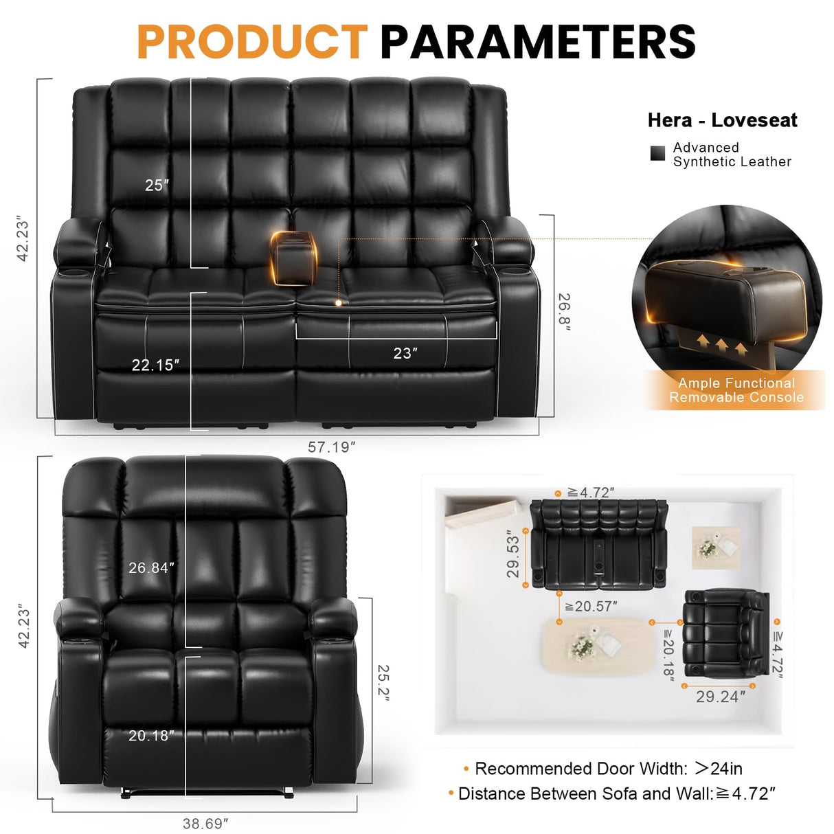 Reclining Sofa and Loveseat Set, Loveseat Recliner and Single Oversized Recliner Chair with Heat Massage, Removable Console, Storage Armrests, Breathable Faux Leather Manual Couches for Living Room Furgatti