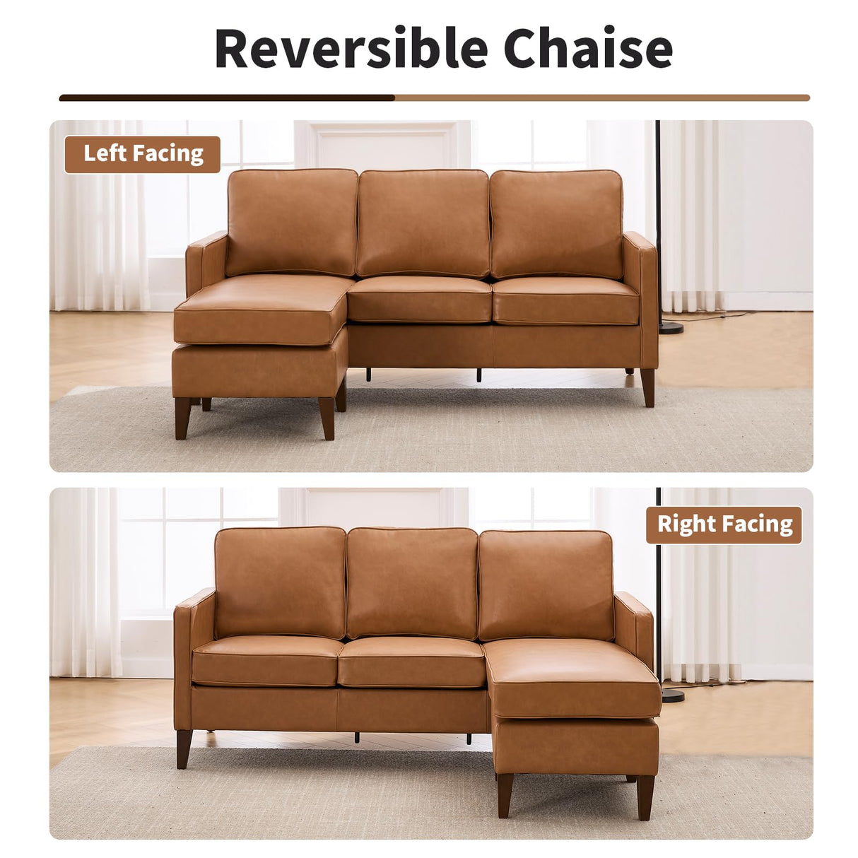 HAOMARKETS Faux Leather L Shaped Couch with Solid Wood Feet, 3-Seater Sofa with Reversible Chaise for Apartment Small Spaces, Sectional Couches for Living Room, Cognac Brown HAOMARKETS