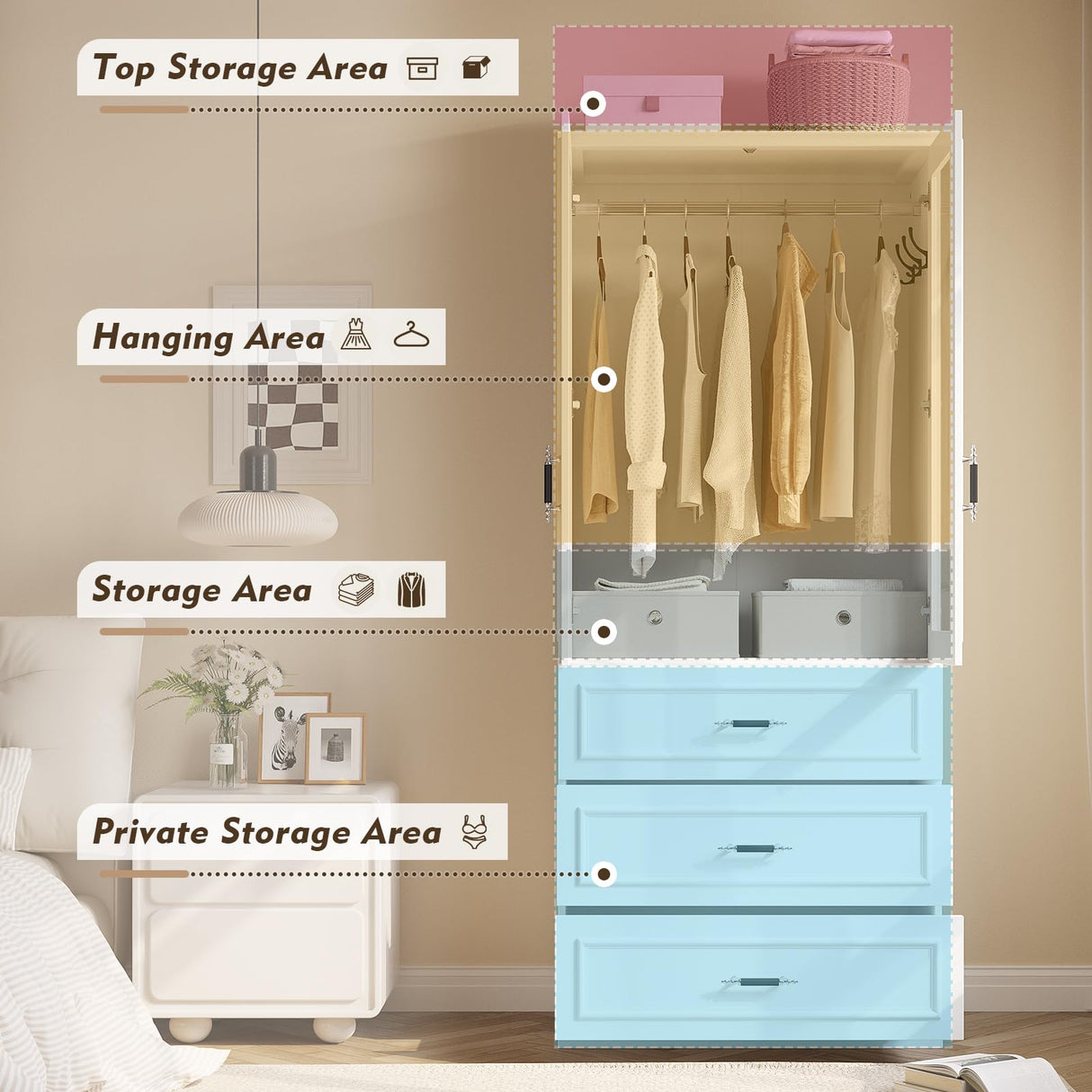 MEISSALIVVE Armoire Wardrobe Closet with 2 Door & 3 Drawers, 74.8" Large Wardrobe Cabinet with Hanging Rod, Freestanding Modern Bedroom Armoire Storage Cabinet, White MEISSALIVVE