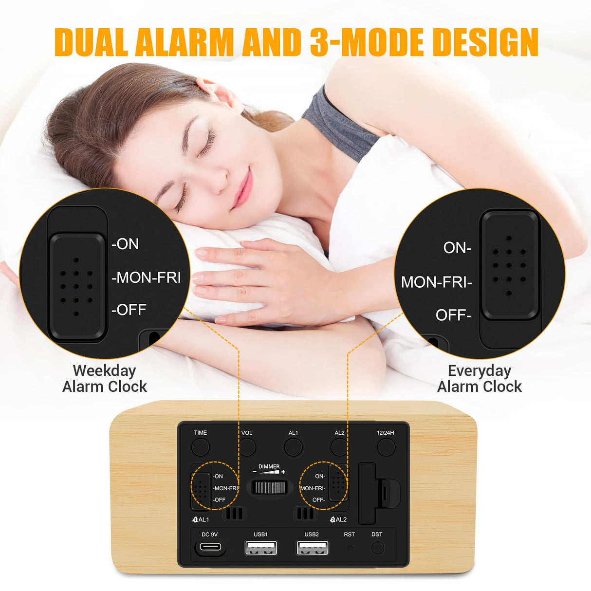 URAYCO Wood Digital Alarm Clock with 10W Fast Wireless Charger, USB Charging Ports, DST, Dimmable, Snooze, Large Number LED Display for Bedrooms, Desk, Living Room Table, Bedside, Nightstand (Bamboo) URAYCO