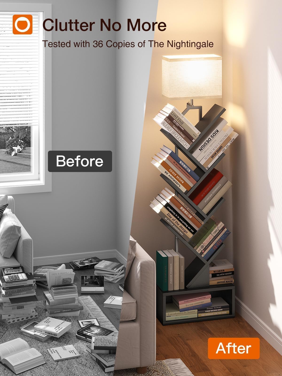 addlon 6-Tier Tree Book Shelf with LED Light, Steel&Wood Bookshelf with Storage Cabinet, Narrow Tall Bookcase with 3CCT Bulb, Small Bookshelf for Bedroom, Home Office&Living Room-Black Oak addlon