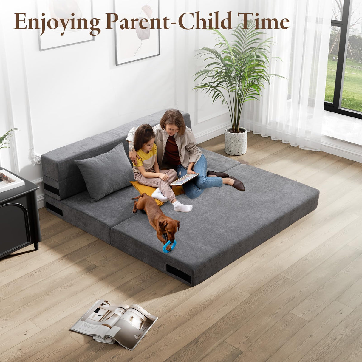 HOMFINE Folding Sofa Bed - Convertible Sleeper Chair with Pillow, Fold Out Couch, Memory Foam Floor Mattress, Futon Couch, Lazy Sofa for Living Room/Dorm/Guest Room/Home Office, Grey, Queen Size HOMFINE