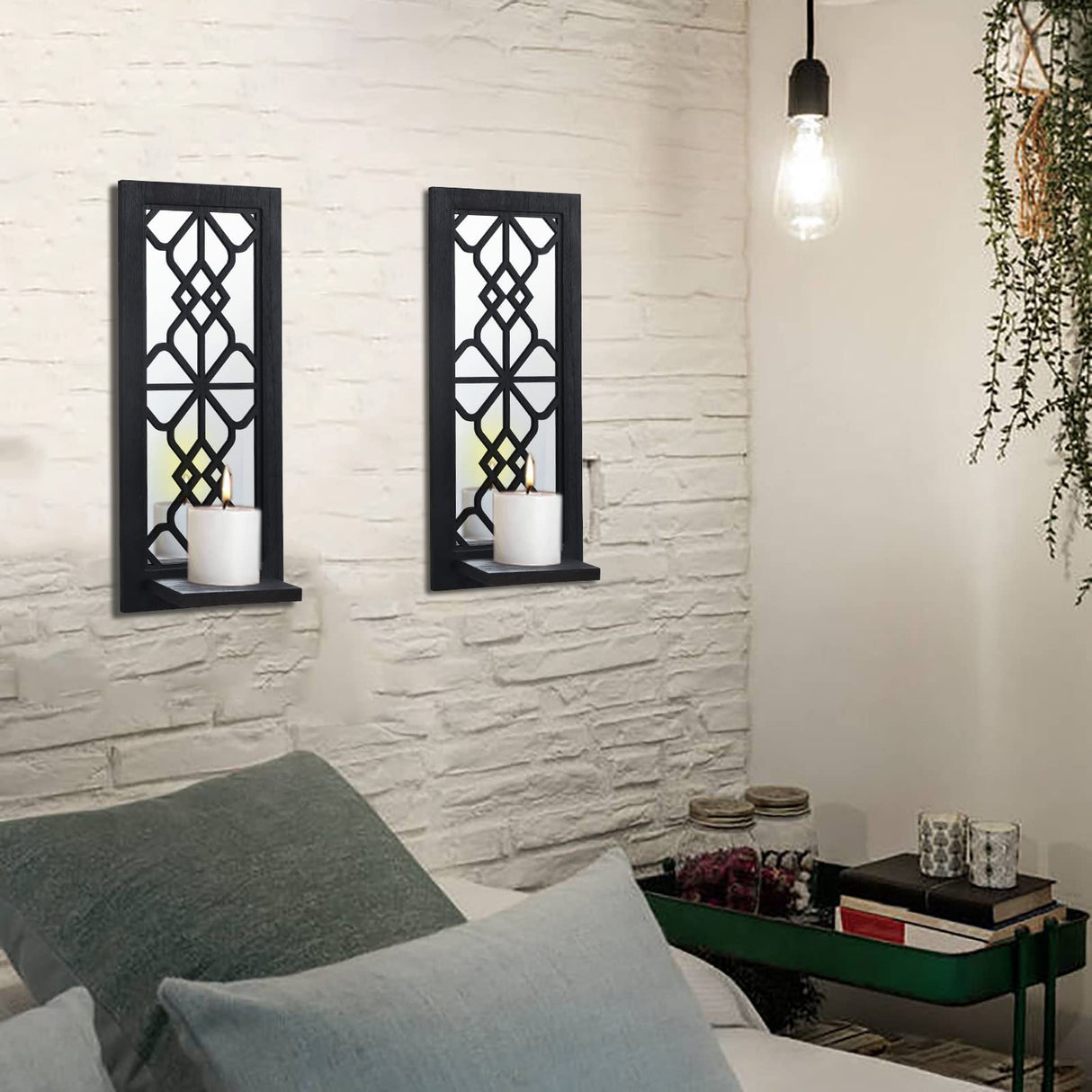 Wood Wall Sconce Candle Holder Set 2, Rustic, Wall-Mount, Farmhouse Hanging Wall Décor, Carved Wood Frame, Mirrored Candle Holder (Black) ZEXUIRU