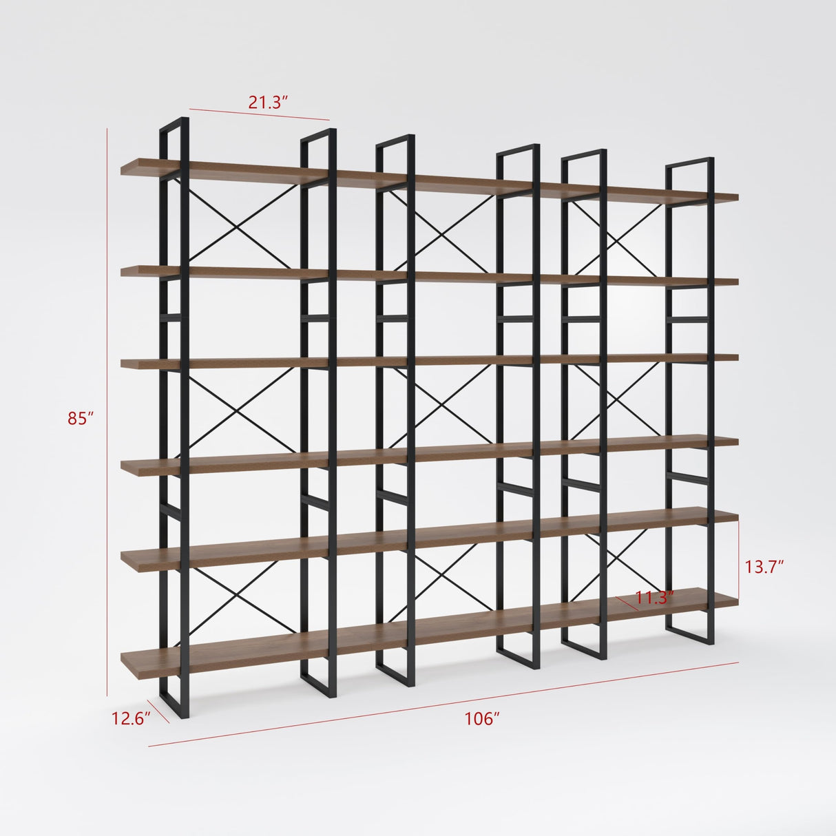 Brown Walnut Color 6 Tiers Display and Storage Room Divider Bookcase 85" H X W 12.6" D Black Modern Contemporary MDF Metal Finish Includes Hardware WoodArtSupply