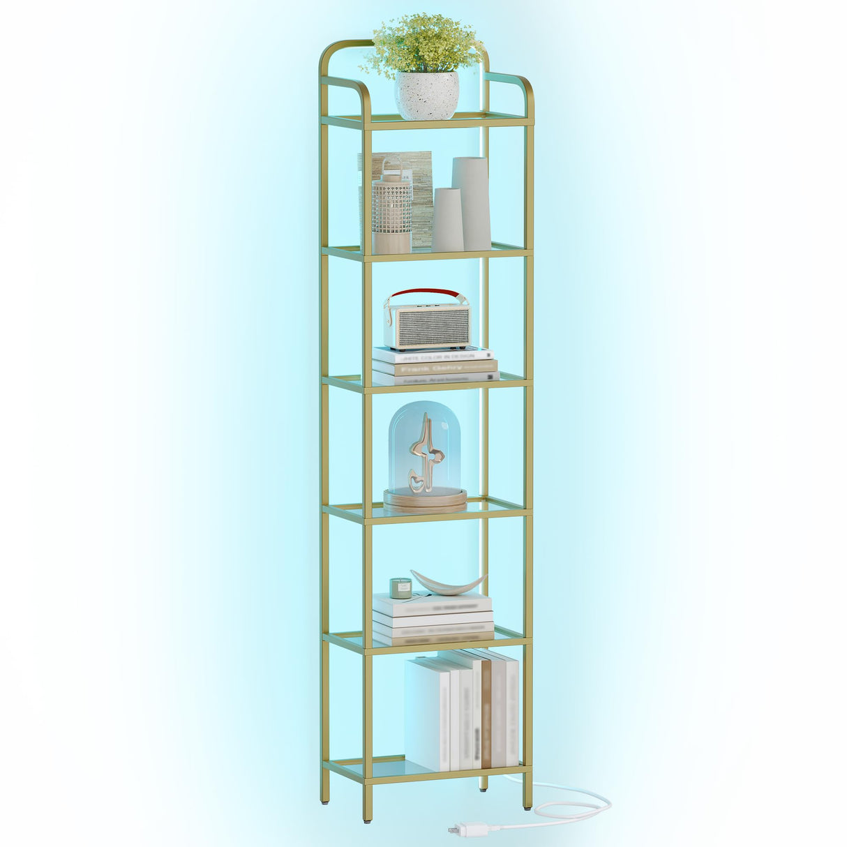 Hzuaneri Bookshelf, Tall Narrow Bookcase with LED Lights, Tempered Glass Bookshelves with Steel Frame, Display Shelf, Slim Shelving Unit for Living Room, Bedroom, 9.6"D x 15.4"W x 66.5"H Gold BC34699G Hzuaneri