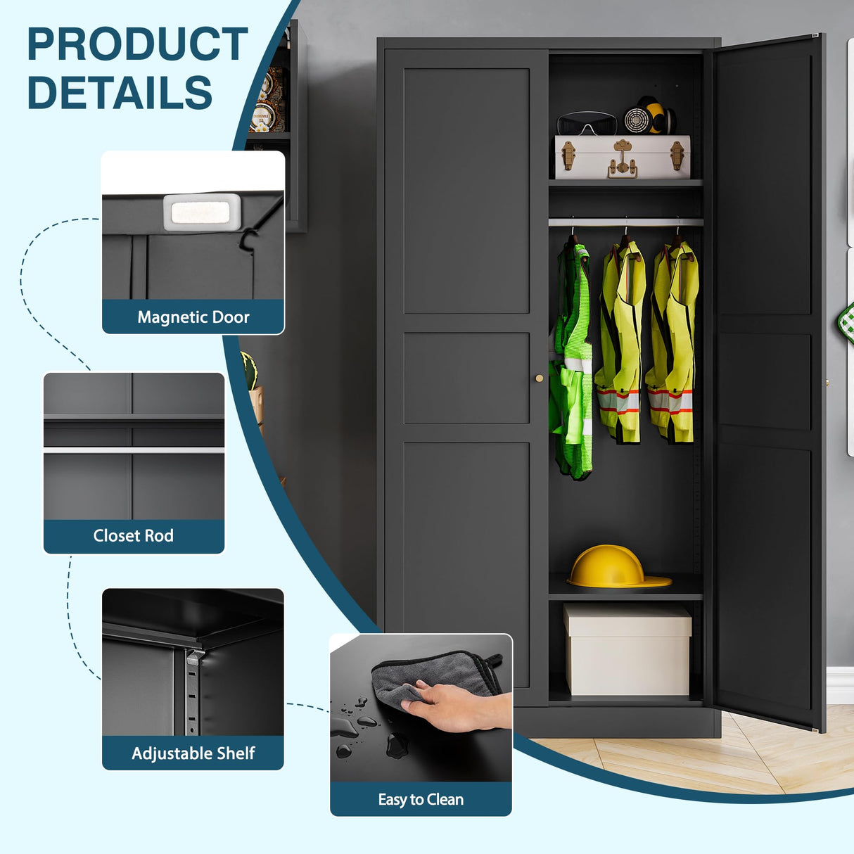 MIIIKO Wardrobe Closet with 2 Doors, 72" Metal Wardrobe Cabinet with Hanging Rod, Bedroom Armoires Laundry Room and Office Clothes Storage Organizer Cabinets Black MIIIKO