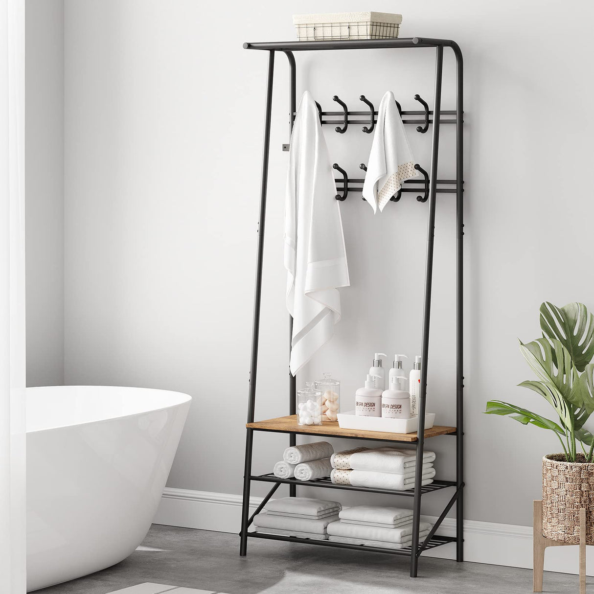 Coat Rack Shoe Bench with 10 Hooks, Hall Trees Entryway Bench with Storage, Multifunctional Hallway Organizer, Wood Look Accent Furniture with Metal Frame Amyove