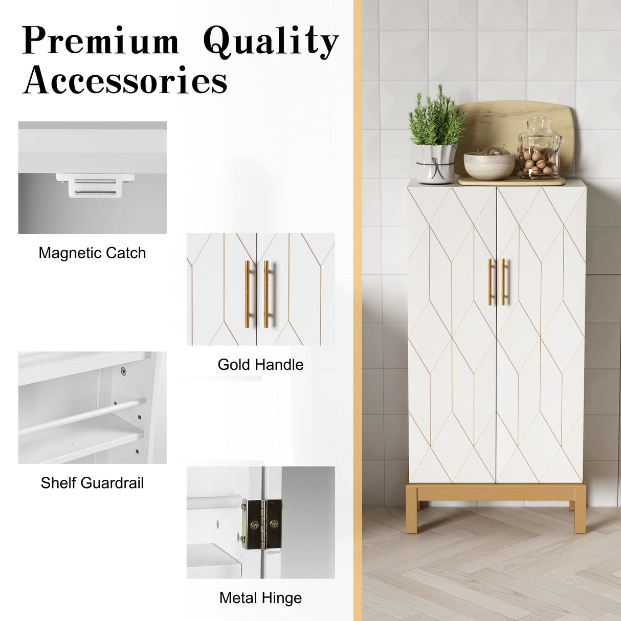 HOLTICO 45'' Storage Cabinet with Doors and Adjustable Shelves,Food Pantry Cabinet for Kitchen,Dining Room,Living Room and Garage,Gold Lines and Legs, White. HOLTICO