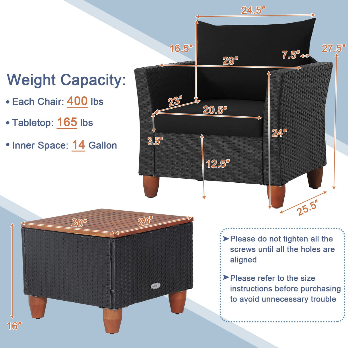 Tangkula 3 Pieces Patio Porch Furniture Set, PE Rattan Wicker Chair Conversation Set with Cushions and Storage Table, Outdoor Acacia Wood Bistro Set for Garden, Poolside (Black) Tangkula