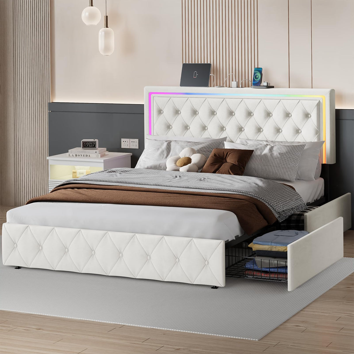 LED Queen Bed Frame with 4 Storage Drawers and Adjustable Headboard, Modern Velvet Upholstered Platform Bed Frame Queen Size with Charging Station, Wooden Slats Support, No Box Spring Needed, White QFP