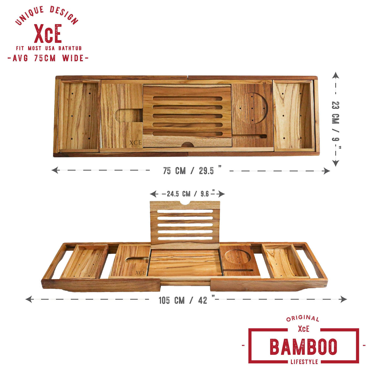 XcE Teak Bathtub Tray Expandable to 105cm with Solid Book Stand and Soap Tray, Teak XcE
