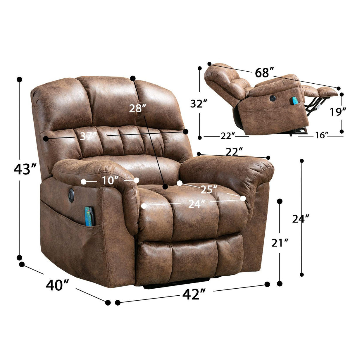 CANMOV Large Power Lift Recliner Chairs with Massage and Heat for Elderly Big People, Heavy Duty Electric Faux Leather Reclining Chairs with USB Port and 2 Side Pockets, Brown CANMOV