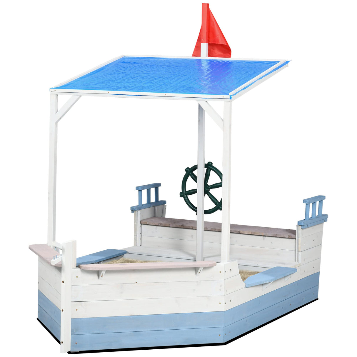 Outsunny Kids Sandbox with Canopy, Pirate Ship Wooden Sand Boxes with Bench for Backyard, Sand Pit for Toddlers, 83" x 43", Blue Outsunny