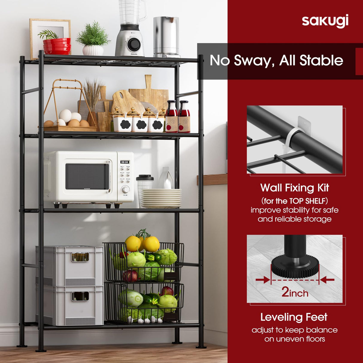 Sakugi Storage Shelves - 4 Tier Shelf Organizer, Heavy Duty Garage Shelving Unit with Leveling Feet, Stable Metal Shelves Organizer for Pantry, Kitchen and Closet, 33.0" W x 12.6" D x 57.2" H, Black Sakugi