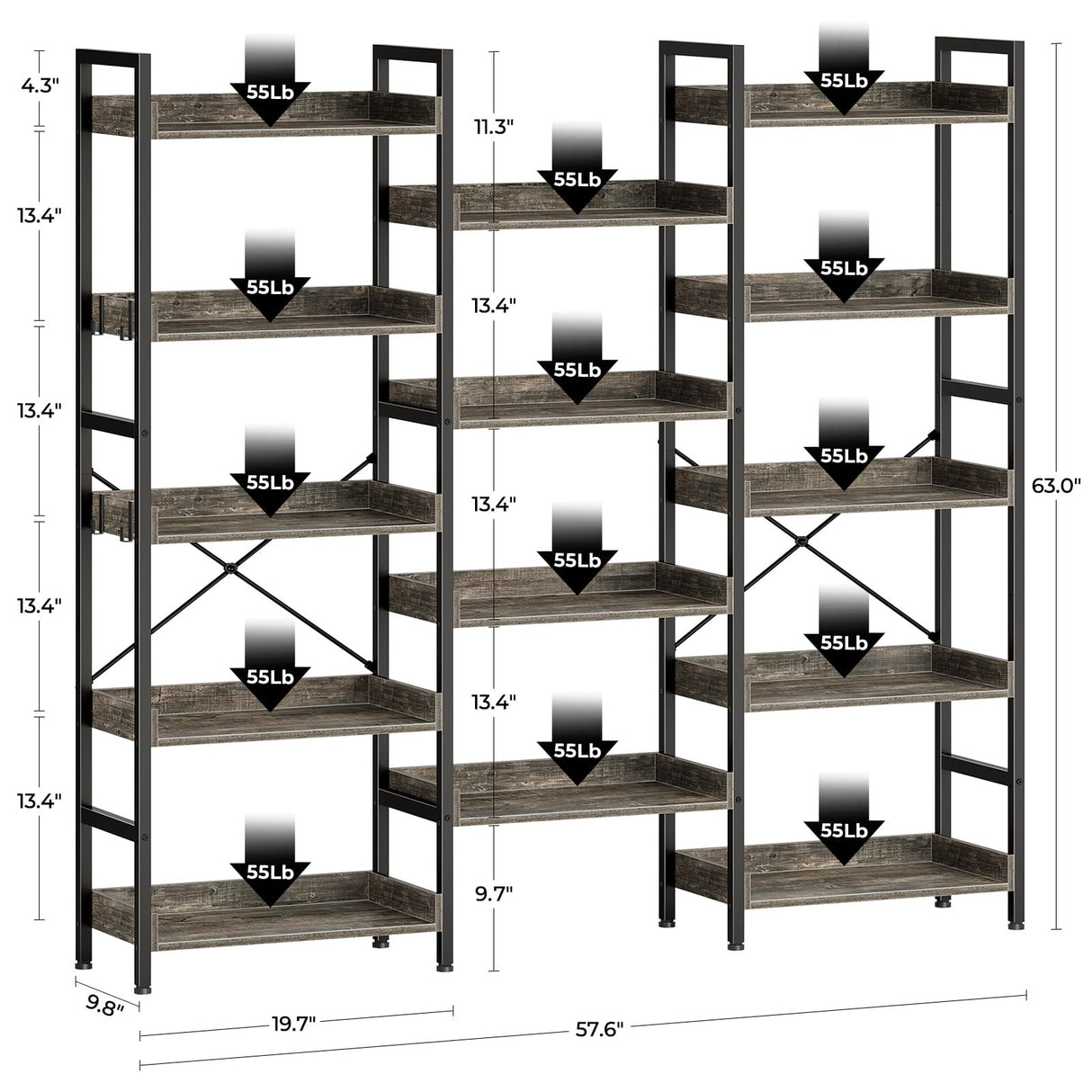 Rolanstar Bookshelf 5 Tiers, Triple Bookcase with Open Display Shelves, Industrial Wide Bookshelf with Metal Frame for Living Room, Office, Grey Rolanstar