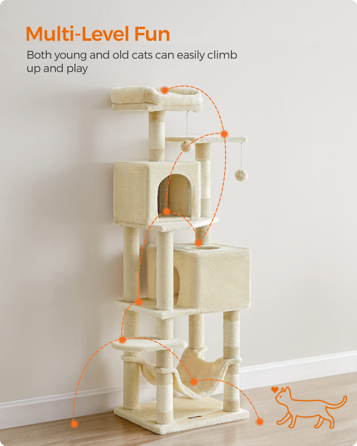 Feandrea Cat Tree, 61-Inch Cat Tower for Indoor Cats, Plush Multi-Level Cat Condo with 5 Scratching Posts, 2 Perches, 2 Caves, Hammock, 2 Pompoms, Beige UPCT192M01 Feandrea