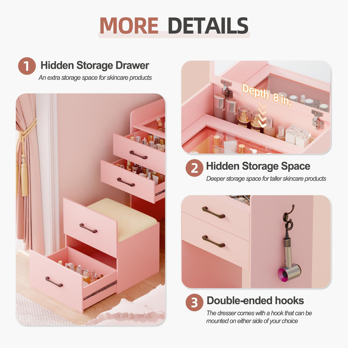 Gurexl 3 in 1 Pink Vanity Desk with Plip Top Mirror,Small Make Up Vanity Set with Visible Glass Desktop,Compact Makeup Vanity with 3 Drawers,Cushioned Tool,Dressing Table for Bedroom Gurexl