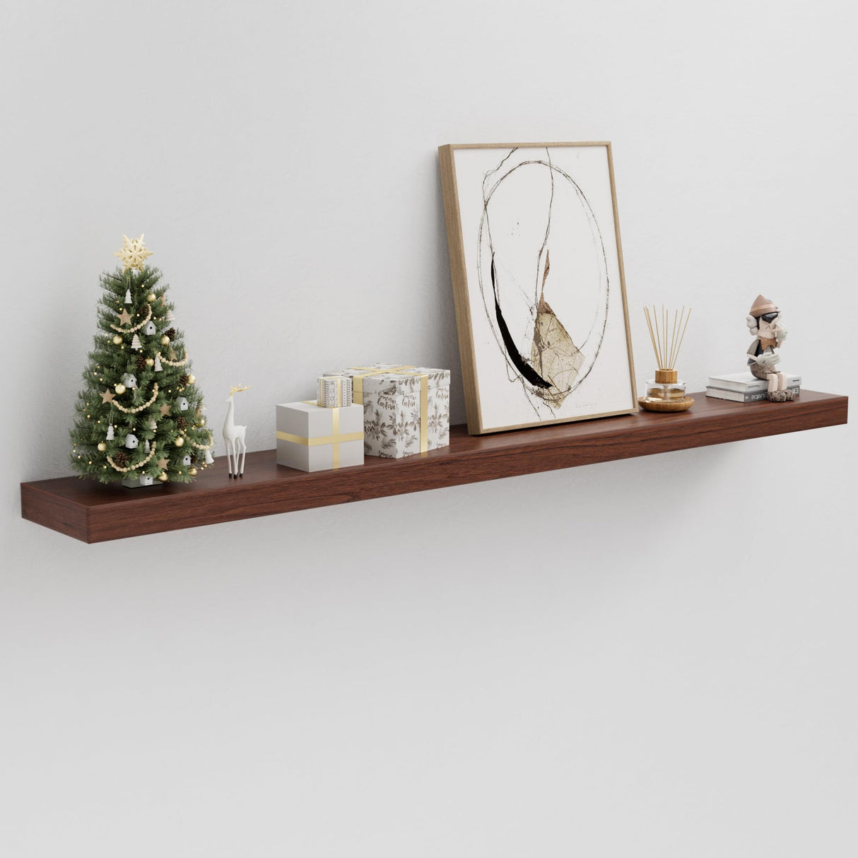 QueenFun 60 Inch Long Floating Wall Shelf Walnut, 8 Inch Deep Wood Floating Shelf Wall Mounted, Thick Wooden Mantel Shelf with 50LB Load-Bearing for Living Room Kitchen Bedroom QueenFun