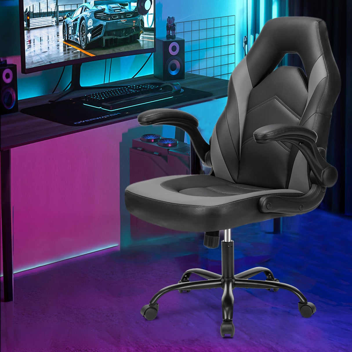 Sweetcrispy Computer Gaming Desk Chair - Ergonomic PU Leather with Comfy Lumbar Support, Height Adjustable Rolling Desk with Flip-up Armrests, for Home and Office Sweetcrispy