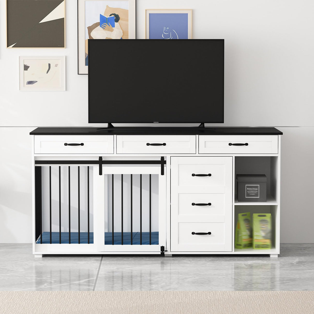 Lovinouse Large Dog Crate Furniture, 67" Wooden Dog Crates Kennel Furniture with Sliding Door, Storage Shelves and Drawers for Small, Medium and Large Dog, White+Black Tablet Lovinouse