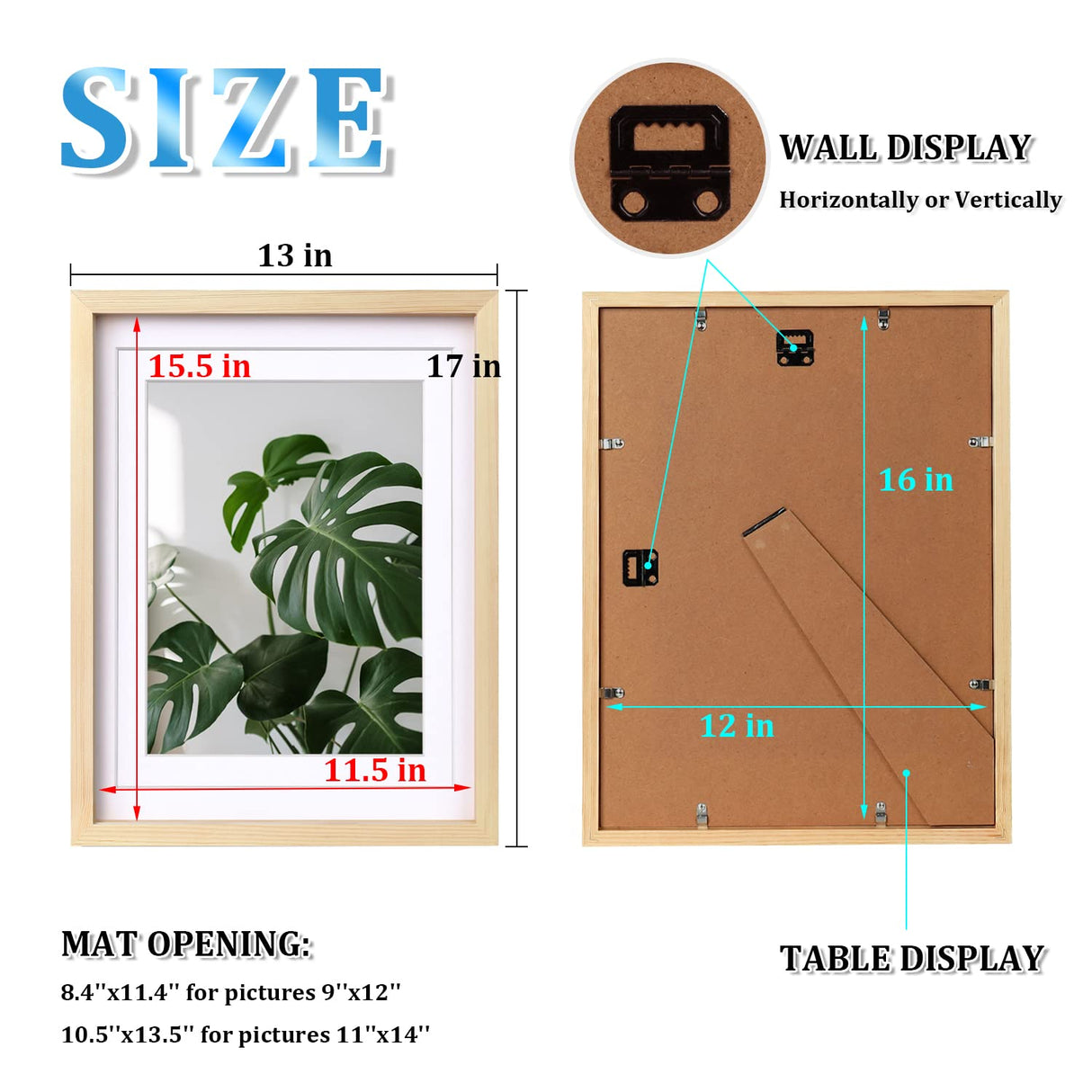 Egofine 12x16 Picture Frame Natural Wood with Plexiglass Made of Solid, Display Pictures 9x12/11x14 with Mat or 12x16 Without Mat for Tabletop and Wall Mounting Egofine