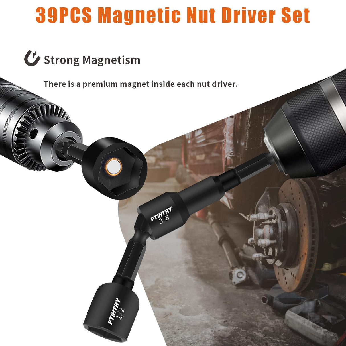FTIHTRY 39Pcs Magnetic Nut Driver Set for Impact Drill, Metric & SAE Magnetic Impact Drill Driver Bit, 1/4" Hex Shank, Fully Magnetic Hex Nut Driver Drill Bit Master Kit FTIHTRY