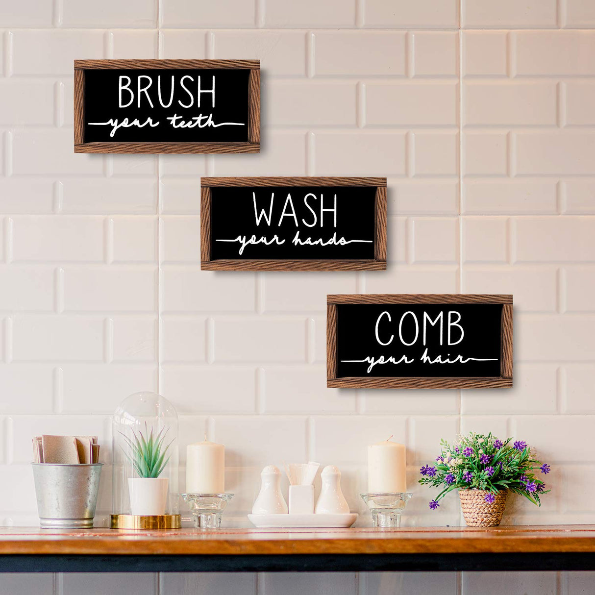 LIBWYS Bathroom Sign & Plaque (Set of 3) Wash Your Hands Brush Your Teeth Comb Your Hair Decorative Rustic Wood Farmhouse Bathroom Wall Decor (Black) LIBWYS