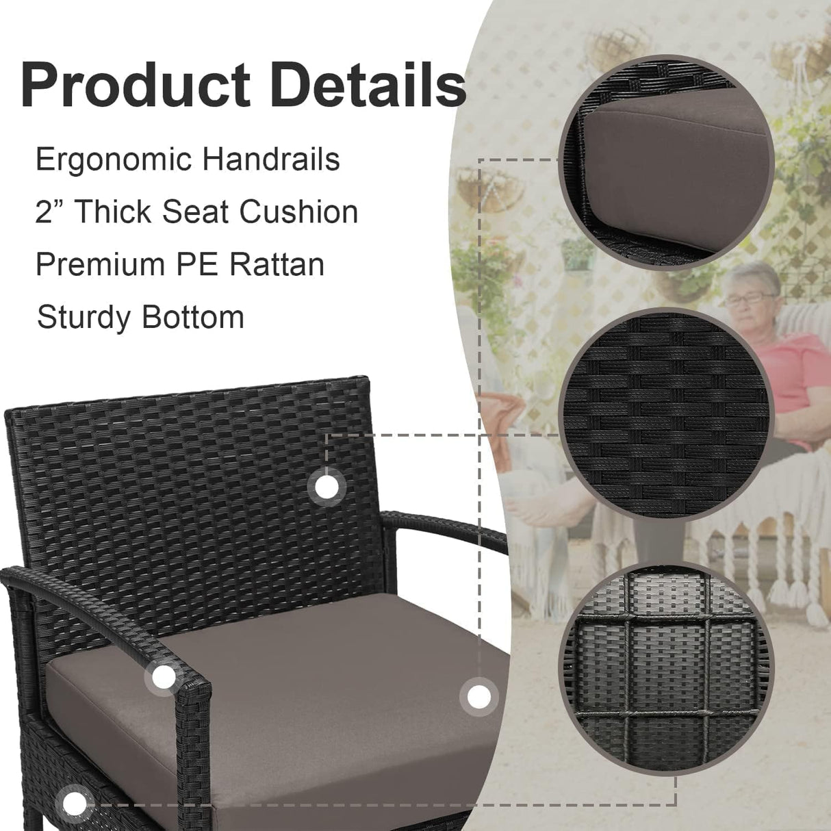 PROHIKER 3 PCS Patio Rattan Conversation Chairs Set, Outdoor Patio Furniture Balcony Furniture Set, Wicker Patio Bistro Set for Garden Porch Balcony Yard, Brown PROHIKER