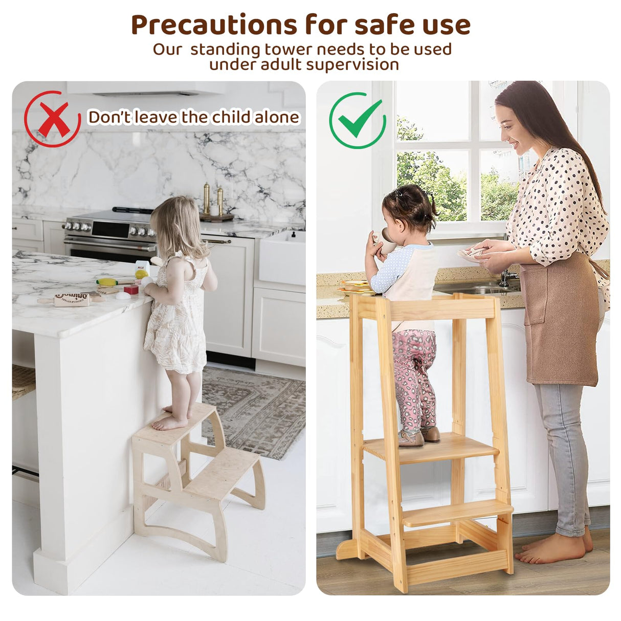 Adjustable Toddler Tower, Stable Standing Tower with 3 Heights Platform & Steps, Wooden Step Stool for Toddlers with Safe Around Rails for Bathroom/Kitchen/Sink, Suitable for Ages 18-36 Months KIDINIX