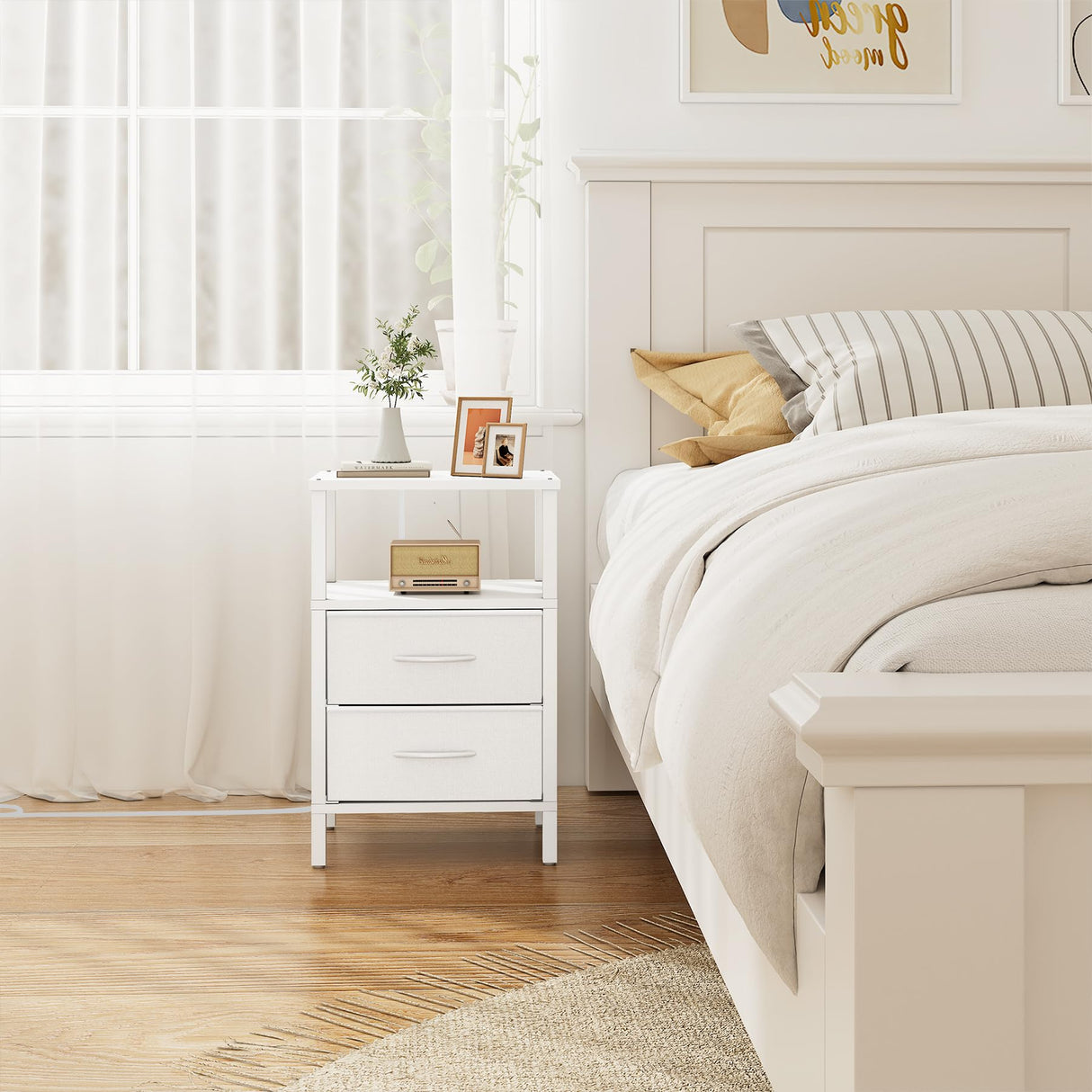 TUTOTAK End Table with Charging Station, Side Table with 2 USB Ports and Outlets, Nightstand with Cloth Drawer, Set of 2, Couch Table, White TB01BW067 TUTOTAK