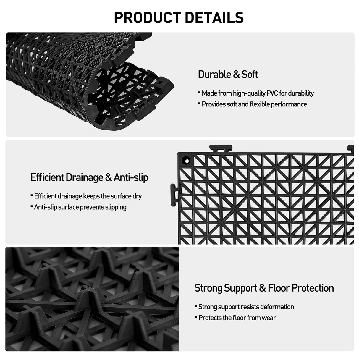 MAXWAVE 18 Pack 12" x 12" Modular Interlocking Floor Mats, Soft PVC Non-Slip Drainage Tiles, Splicing Rubber Cushion Flooring for Deck, Shower, Pool, Basement, Shed, Indoor and Outdoor Use MAXWAVE