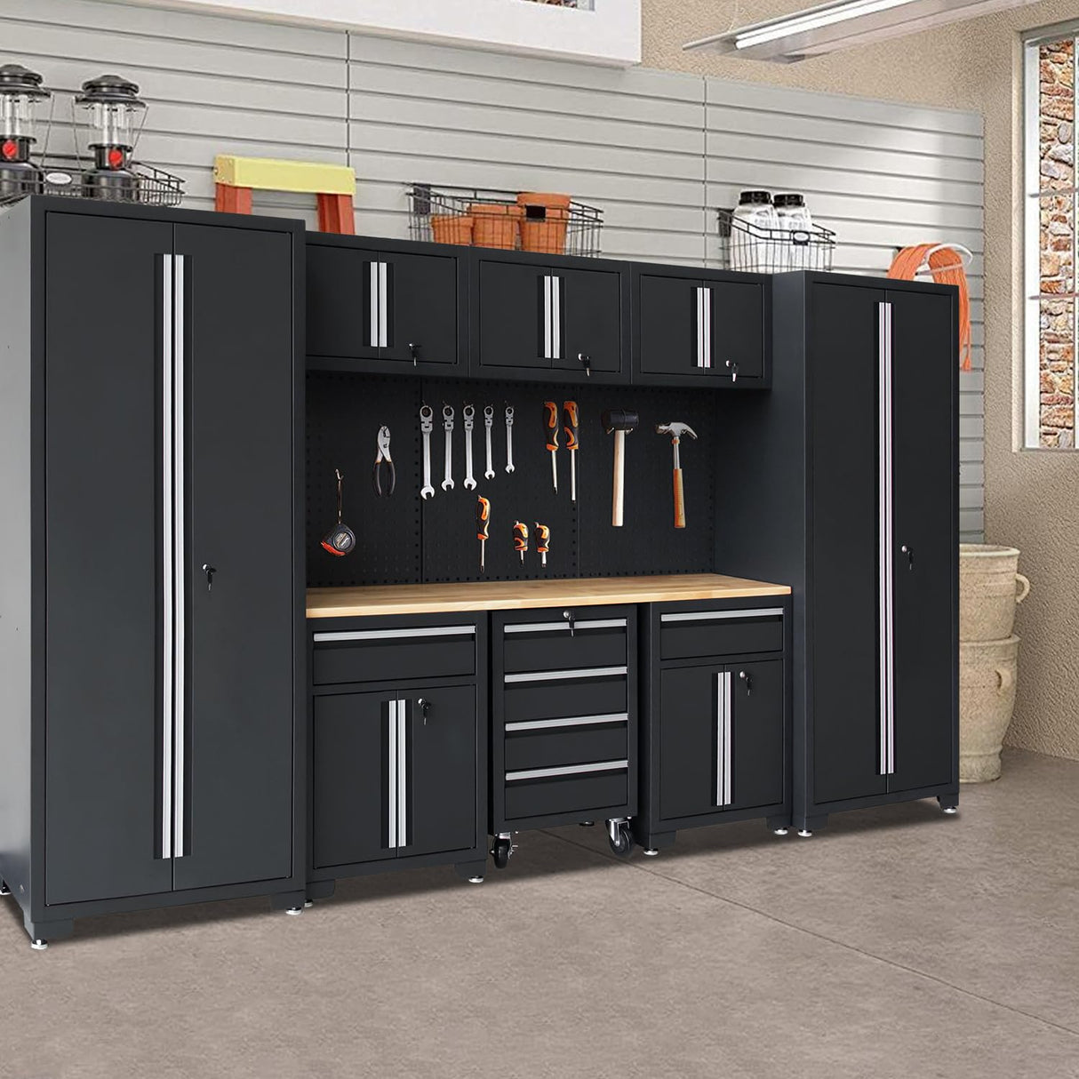 HPDMC Garage Storage Cabinet System 12-Pcs Workshop Set Cabinets and Storage System with Steel Cabinet Drawers, Rolling Chest, Workbench, Pegboard for Tool Organization, Black HPDMC