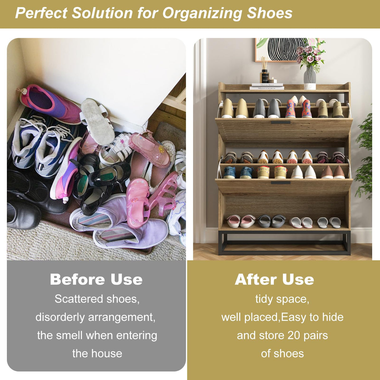 VERYKE Shoe Cabinet for Entryway,Slim Hidden Shoe Storage Cabinet with 2 Flip Hollowed Drawers, Wood Narrow Shoe Organizer Cabinet with Bottom Cubby and Metal Leg for Hallway,Closet VERYKE