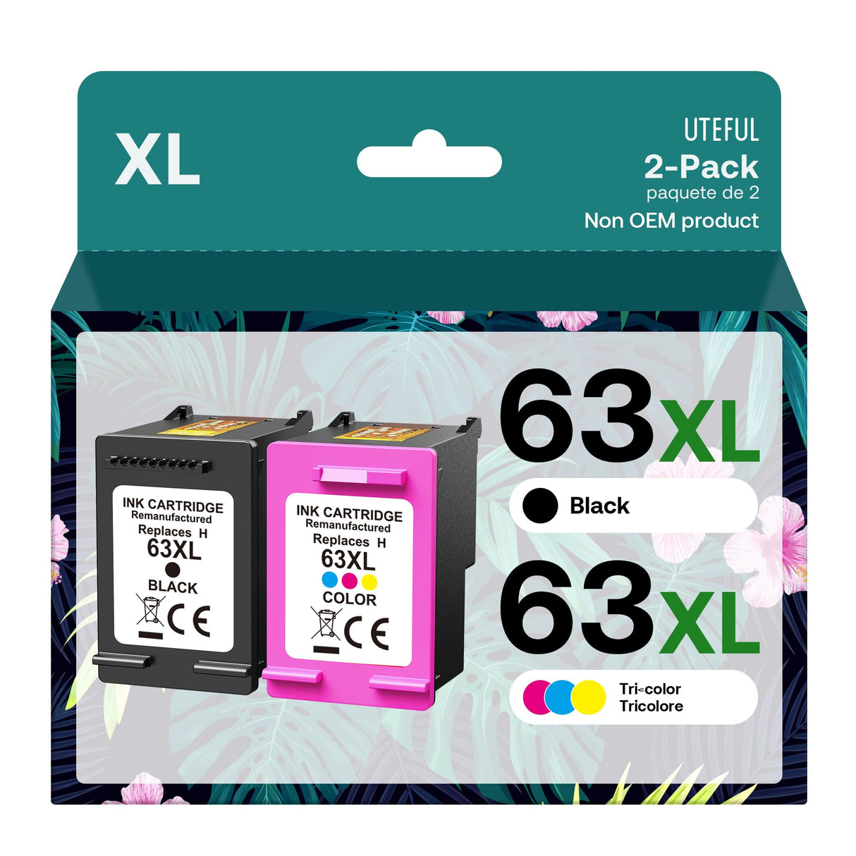 UTEFUL Remanufactured Ink Cartridges Replacement for HP Ink 63 63XL Compatible with OfficeJet 3830 4650 4655 5255 5258 5200 Envy 4510 4520 DeskJet 1110 3630 Printer (1 Black,1 Tri-Color) UTEFUL