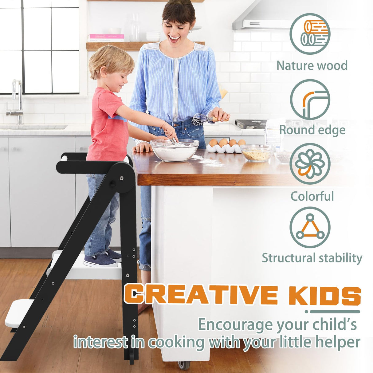 Foldable Toddler Kitchen Stool Helper, Toddler Tower with 3 Adjustable Height, Wooden Toddler Step Stool, Collapsible Toddler Tower, Toddler Stool for Kitchen and Bathroom CaMecequter