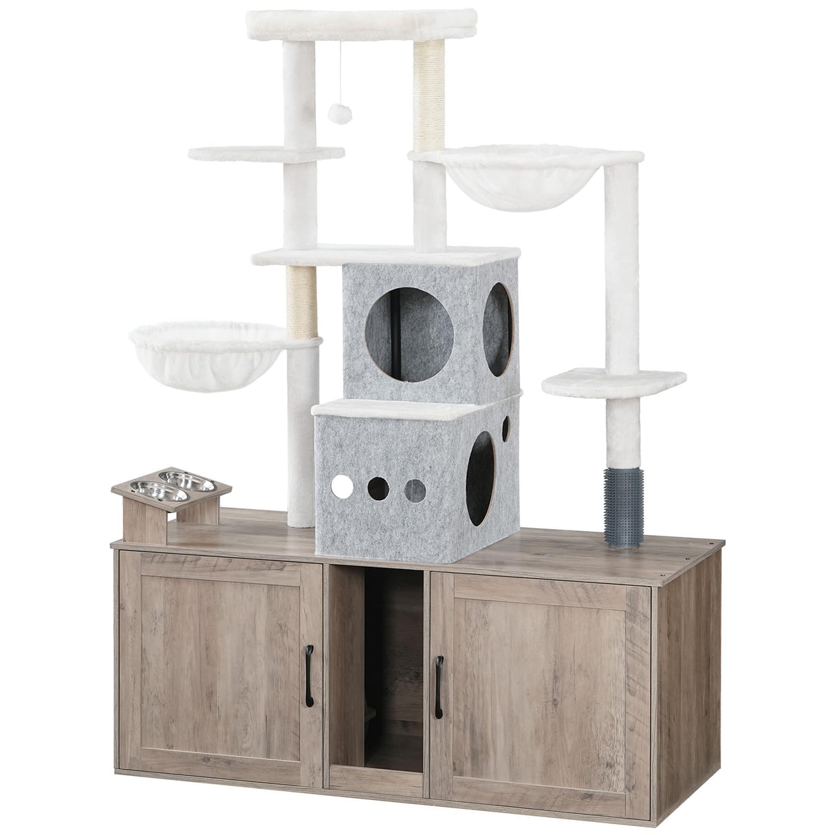 HOOBRO Cat Tree with 47.2" Dual Litter Box Enclosure, 63.4" Tall Multi-Functional Tower for Cats, Hidden Litter Box Enclosure Furniture, with Feeding Bowls, Scratching Posts, Hammocks, Greige BG23MZ03 HOOBRO