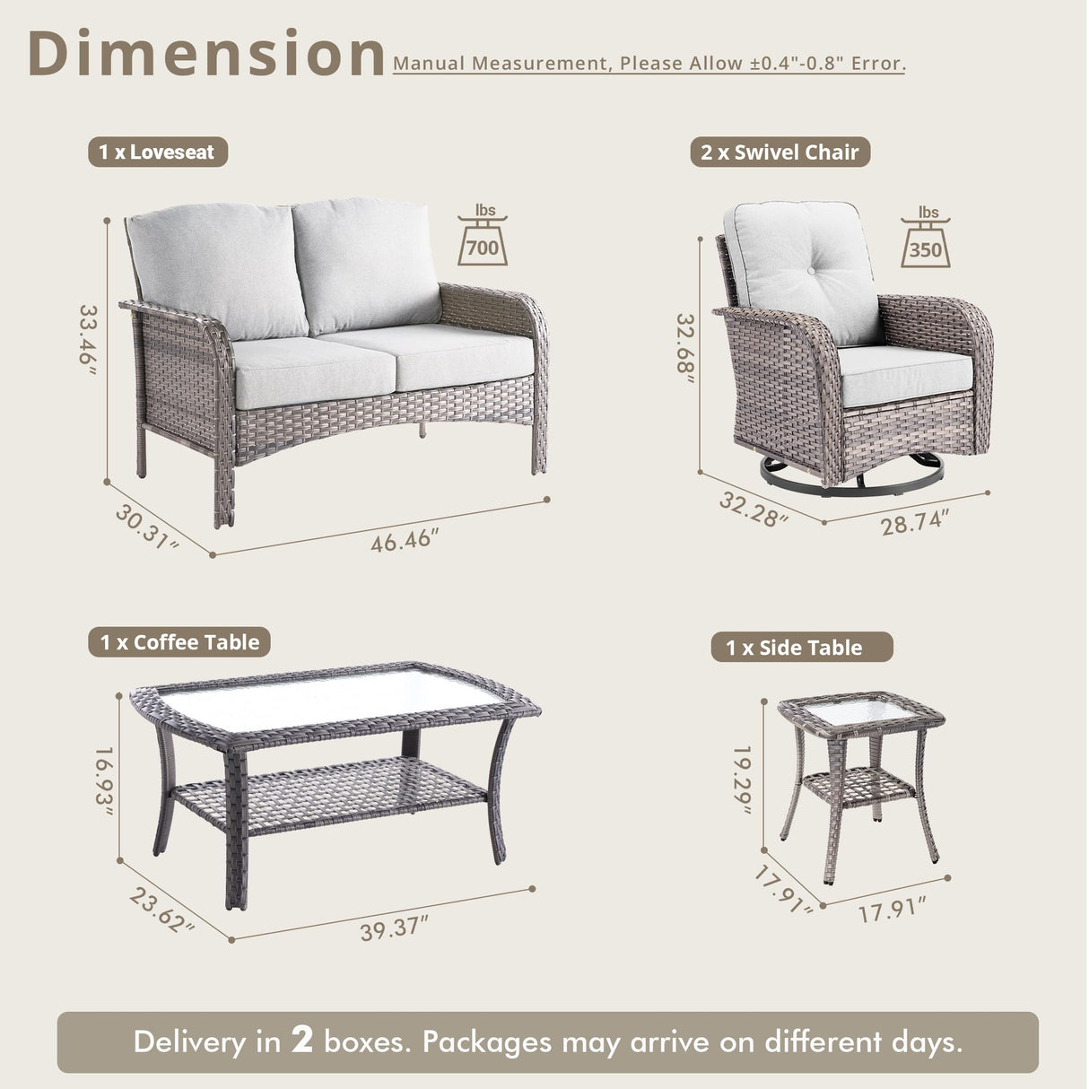 Weaxty Wicker Patio Furniture Set with Swivel Rocker Chairs Outdoor Loveseat Sofa and Rattan Coffee Table, 5 Pieces Outdoor Conversation Sets for Patio Porch Deck Backyard Poolside, Light Gray weaxty W