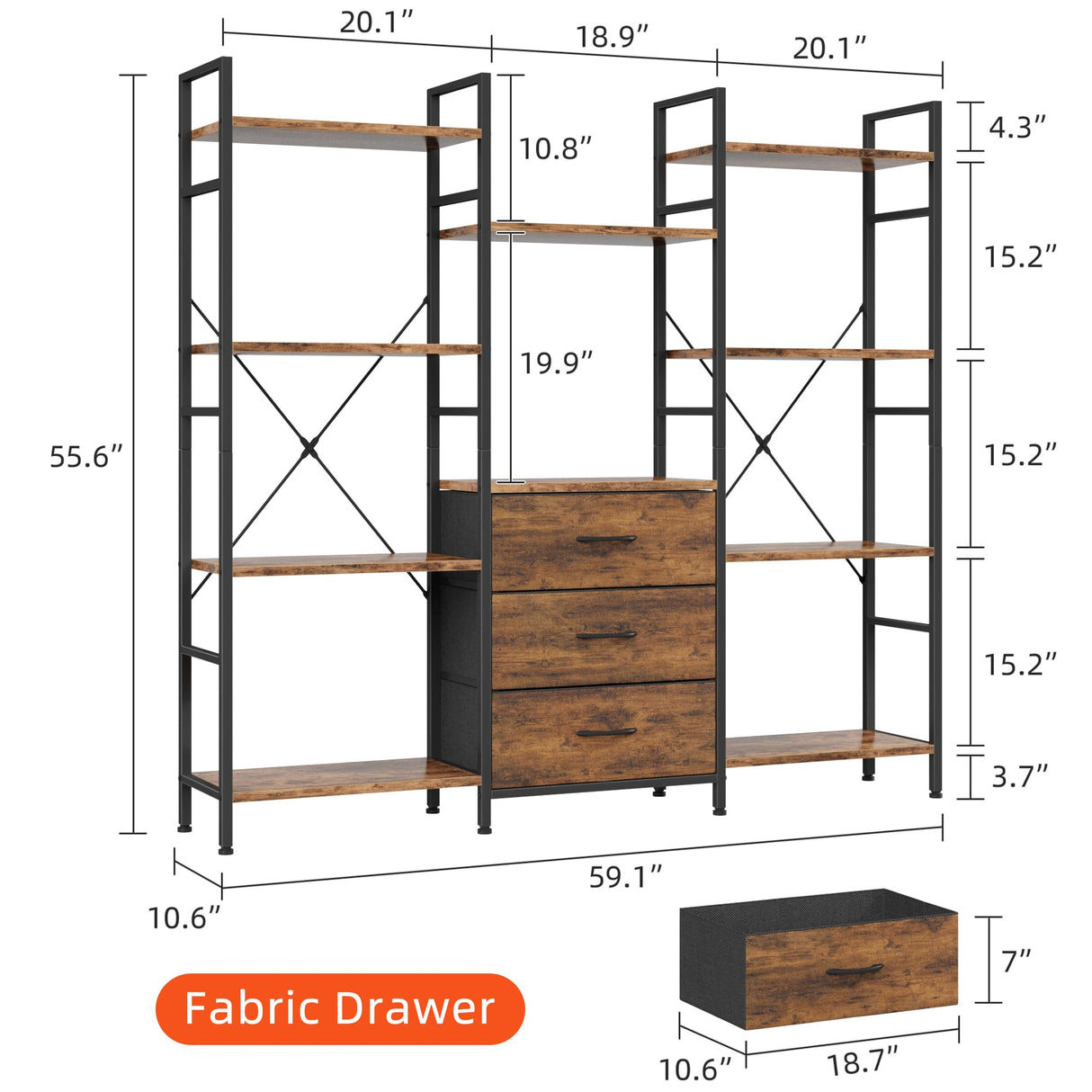 AFLUI Triple Bookshelf with 3 Fabric Drawers, 4-Tier Book Shelf and 10 Display Shelves, Industrial Large Bookcase for Home & Office, Rustic Brown, 59'' Wide AFLUI