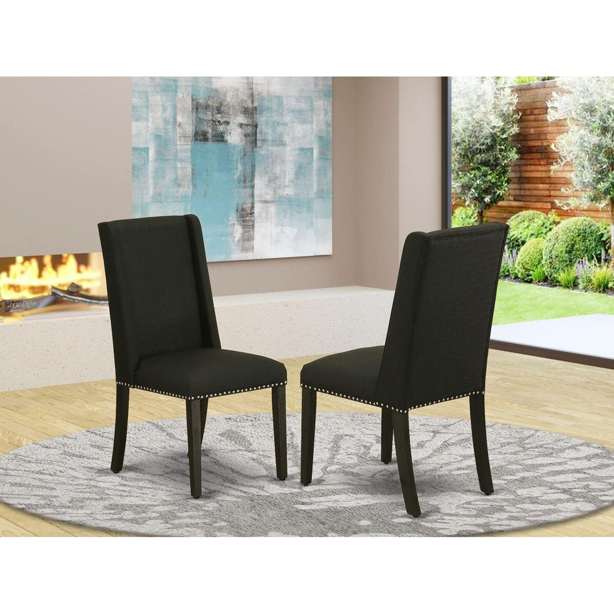 East West Furniture FLP6T24 Florence Parson Dining Room Chairs - Nailhead Trim Black Linen Fabric Padded Chairs, Set of 2, Wirebrushed Black East West Furniture